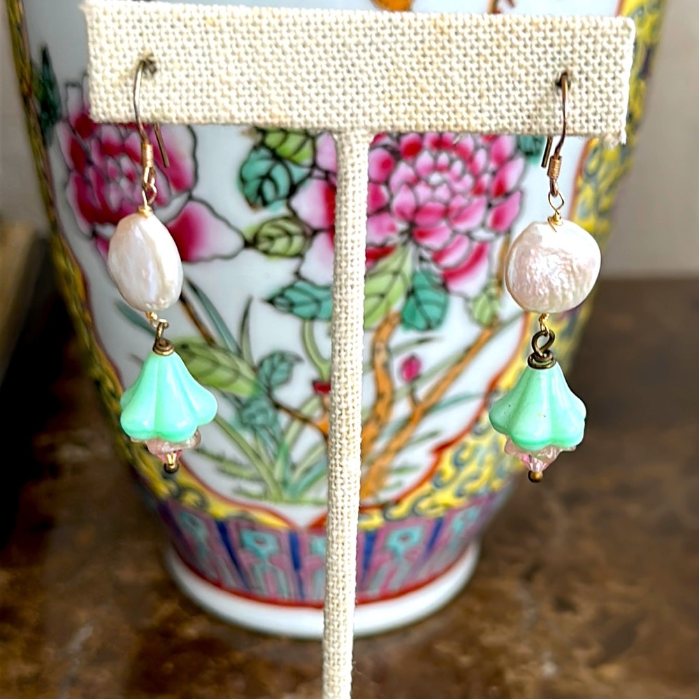Fresh water coin pearl German glass flowers Swarovski crystal pierced earrings